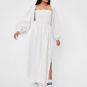 Nasty Gal linen puff sleeve midi dress in BLACK